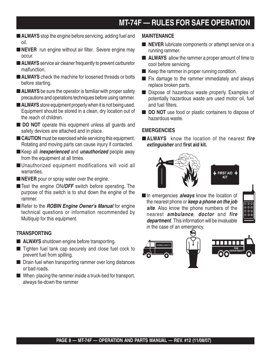 Mt-74f — rules for safe operation | Multiquip MT74F User Manual | Page 8 / 50