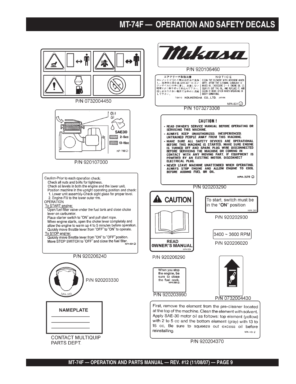 Mt-74f — operation and safety decals | Multiquip MT74F User Manual | Page 9 / 50