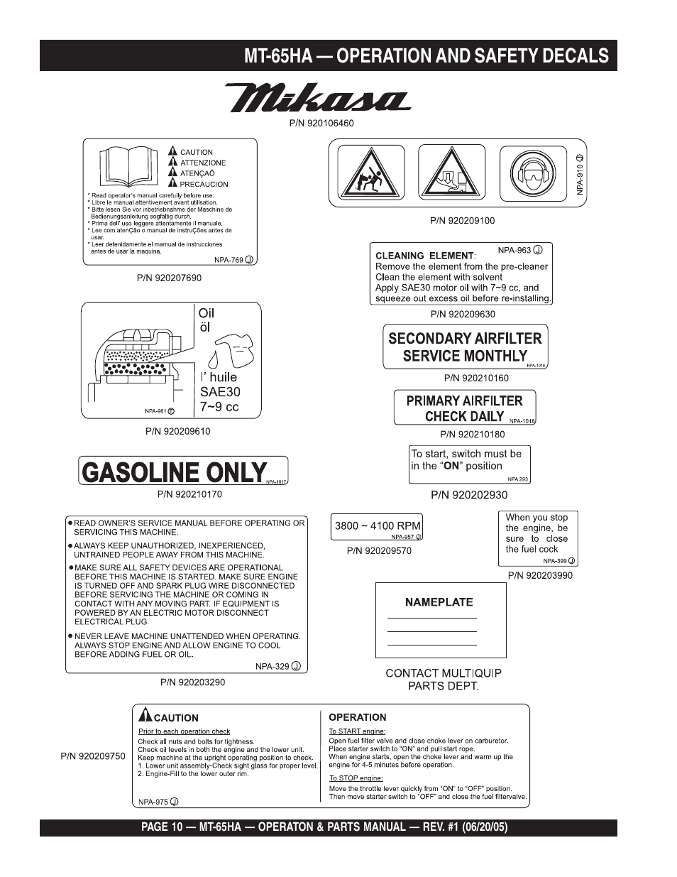 Mt-65ha — operation and safety decals | Multiquip MT65HA User Manual | Page 10 / 64