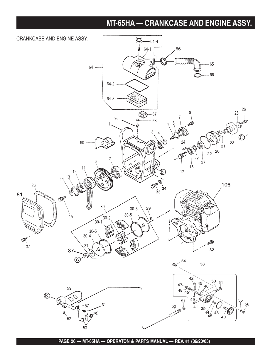 Mt-65ha — crankcase and engine assy | Multiquip MT65HA User Manual | Page 26 / 64