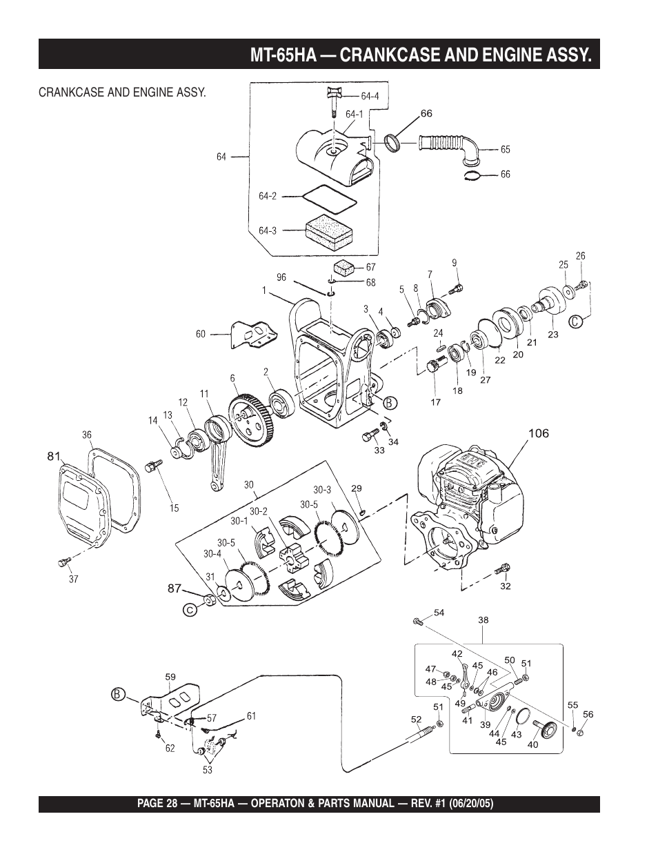 Mt-65ha — crankcase and engine assy | Multiquip MT65HA User Manual | Page 28 / 64