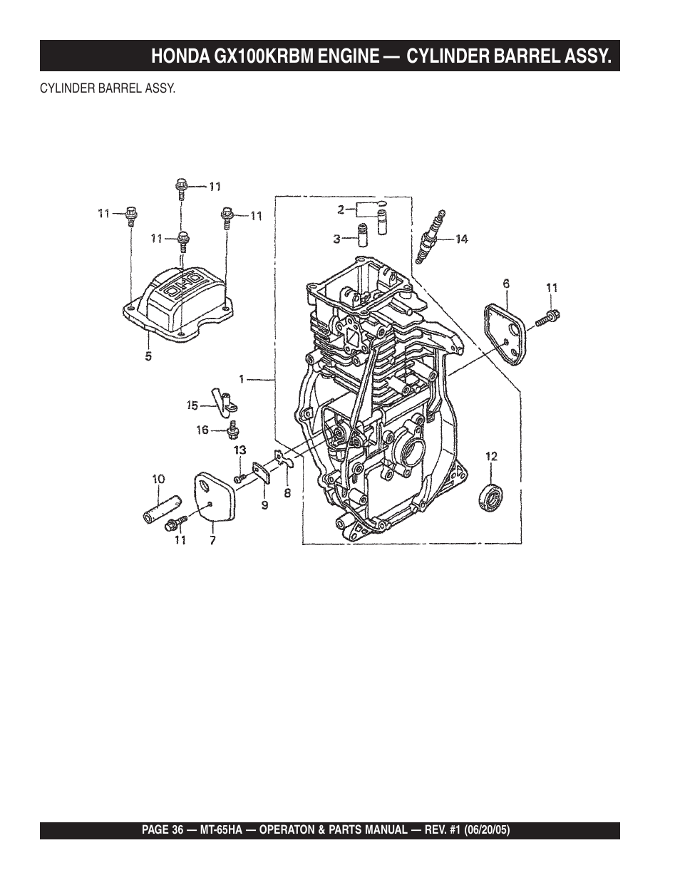 Honda gx100krbm engine — cylinder barrel assy | Multiquip MT65HA User Manual | Page 36 / 64