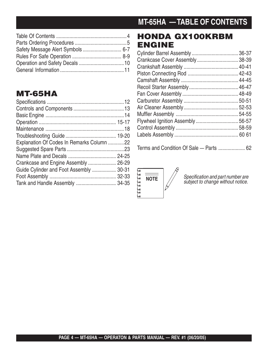 Mt-65ha — table of contents, Mt-65ha, Honda gx100krbm engine | Multiquip MT65HA User Manual | Page 4 / 64