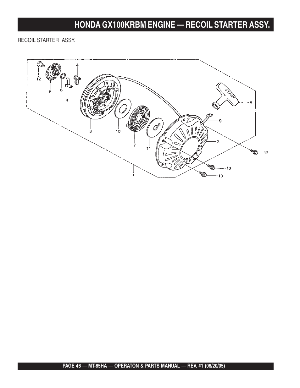 Honda gx100krbm engine — recoil starter assy | Multiquip MT65HA User Manual | Page 46 / 64