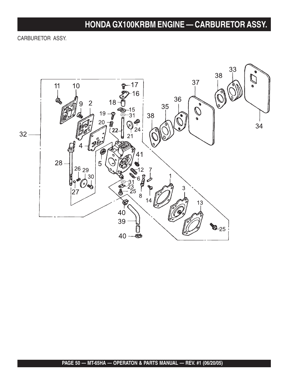 Honda gx100krbm engine — carburetor assy | Multiquip MT65HA User Manual | Page 50 / 64