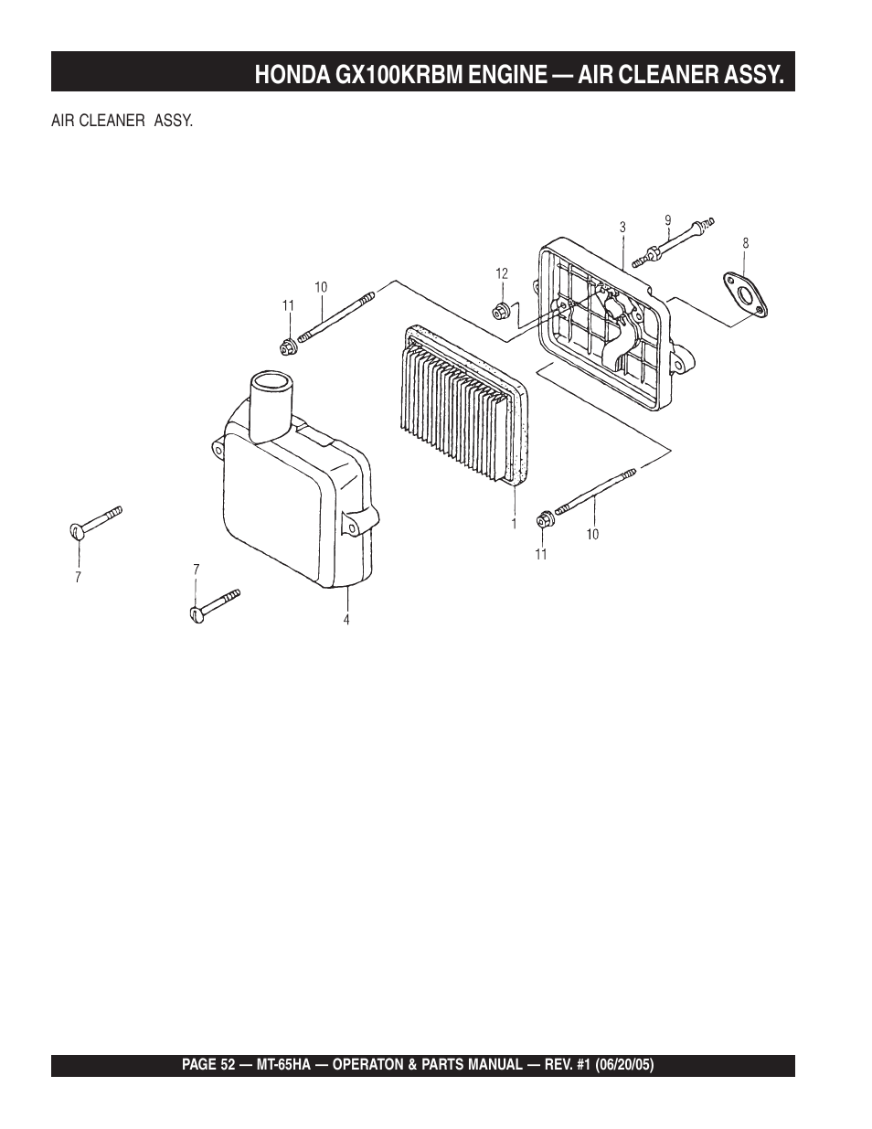 Honda gx100krbm engine — air cleaner assy | Multiquip MT65HA User Manual | Page 52 / 64