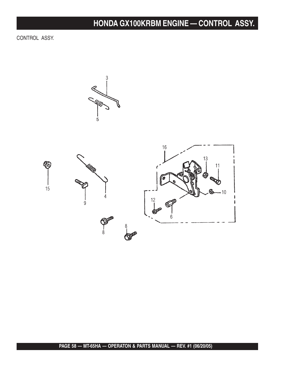 Honda gx100krbm engine — control assy | Multiquip MT65HA User Manual | Page 58 / 64