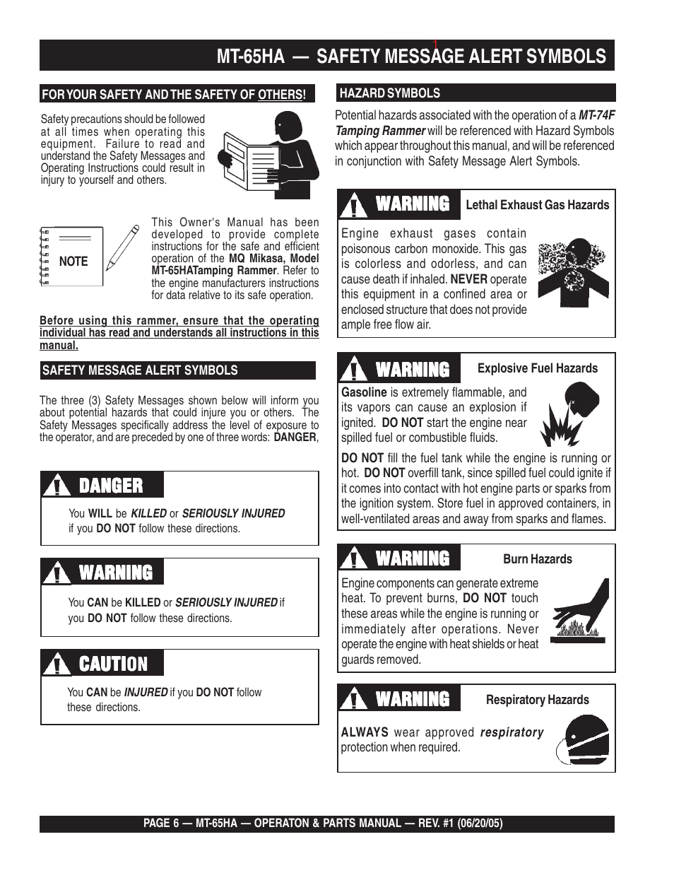 Mt-65ha — safety message alert symbols, Danger, Danger warning warning warning warning warning | Warning, Cauti, Cauti caution | Multiquip MT65HA User Manual | Page 6 / 64