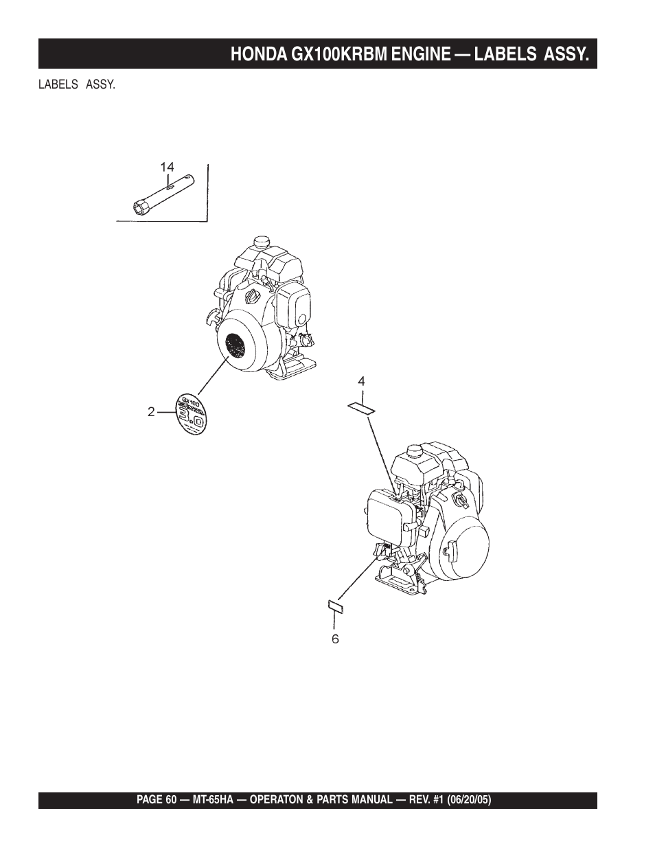Honda gx100krbm engine — labels assy | Multiquip MT65HA User Manual | Page 60 / 64