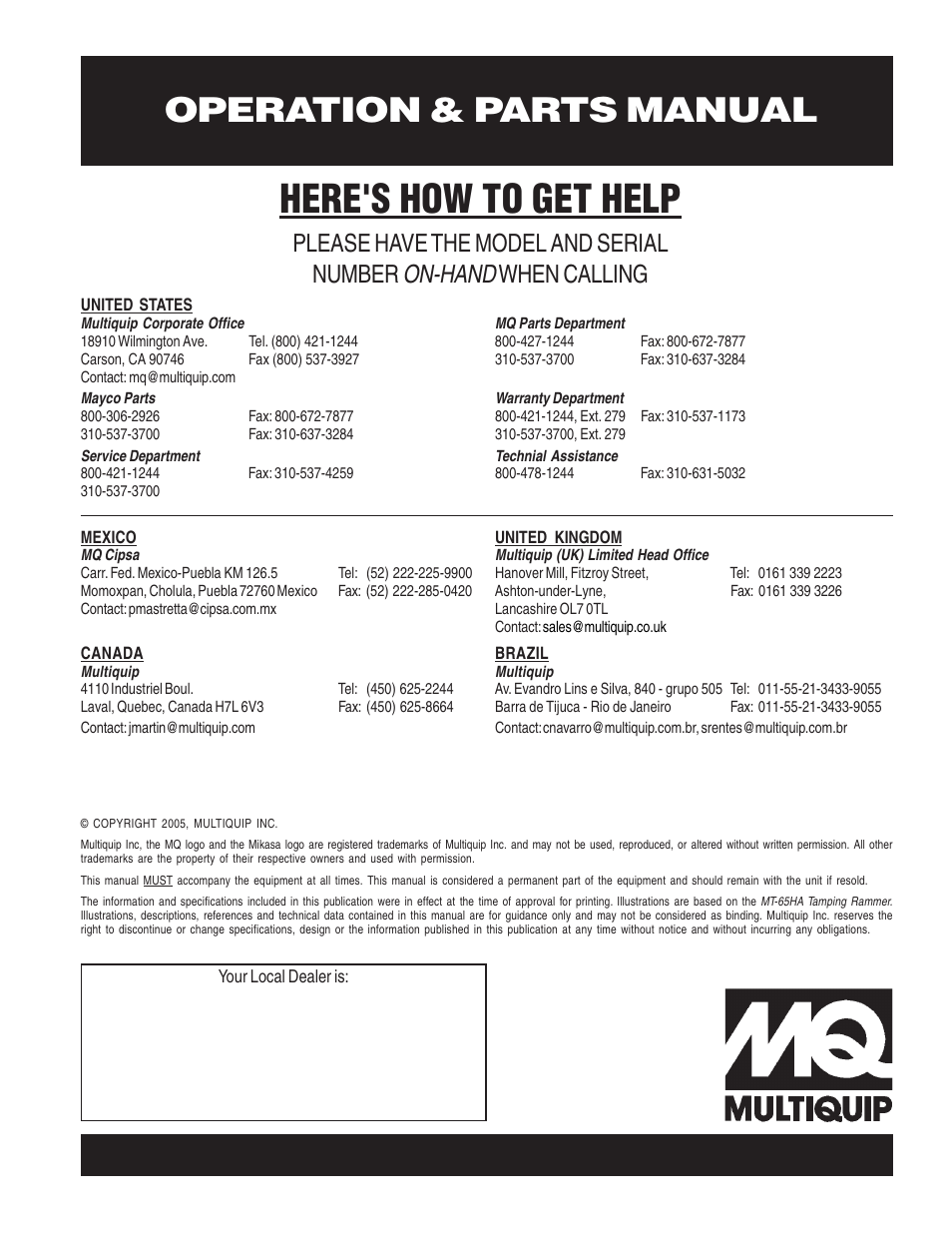 Here's how to get help, Operation & parts manual, On-hand | Please have the model and serial number, When calling | Multiquip MT65HA User Manual | Page 64 / 64