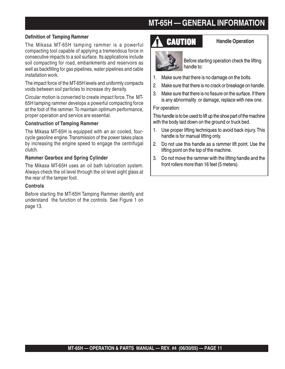 Mt-65h — general information, Caution | Multiquip MT65H User Manual | Page 11 / 64