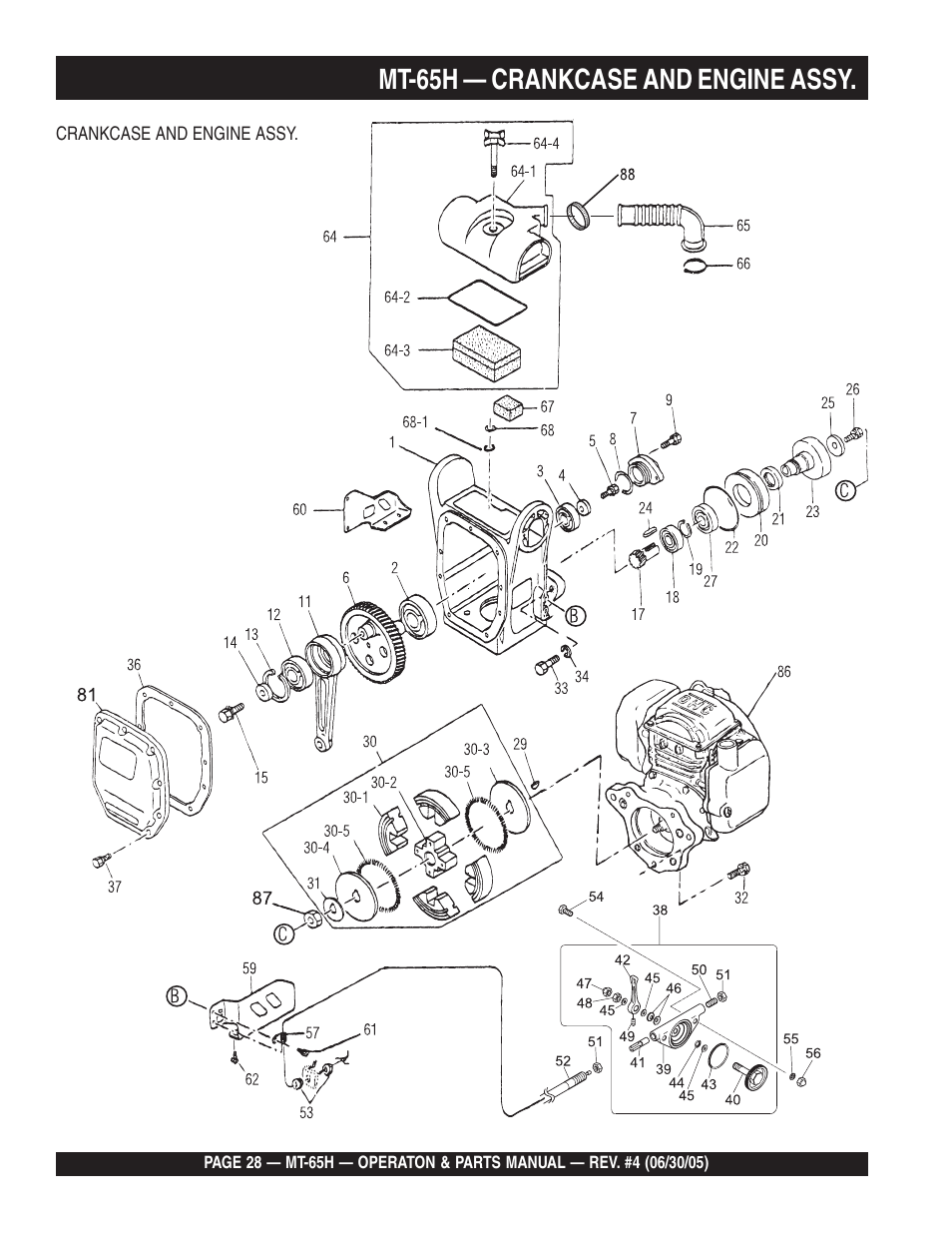 Mt-65h — crankcase and engine assy | Multiquip MT65H User Manual | Page 28 / 64