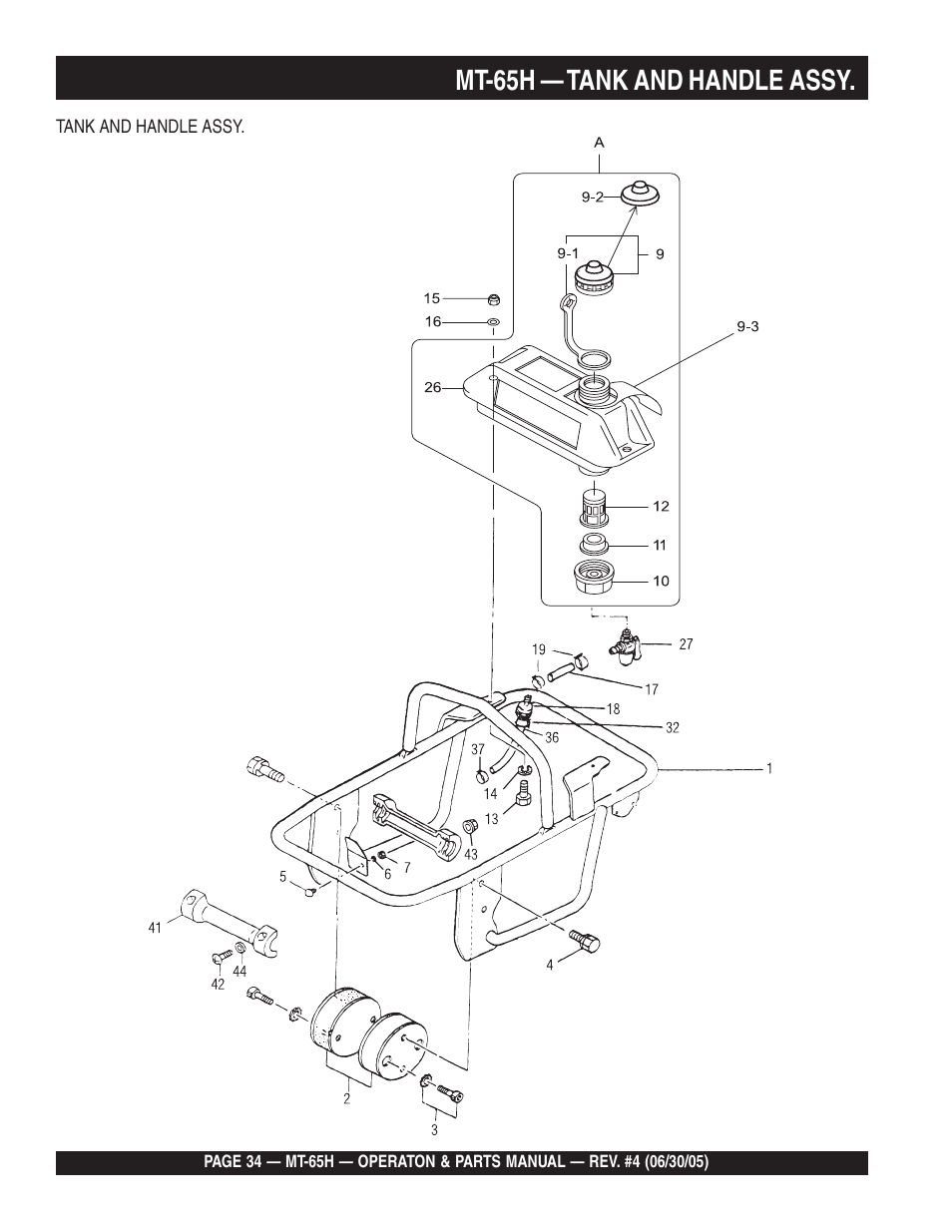 Mt-65h — tank and handle assy | Multiquip MT65H User Manual | Page 34 / 64