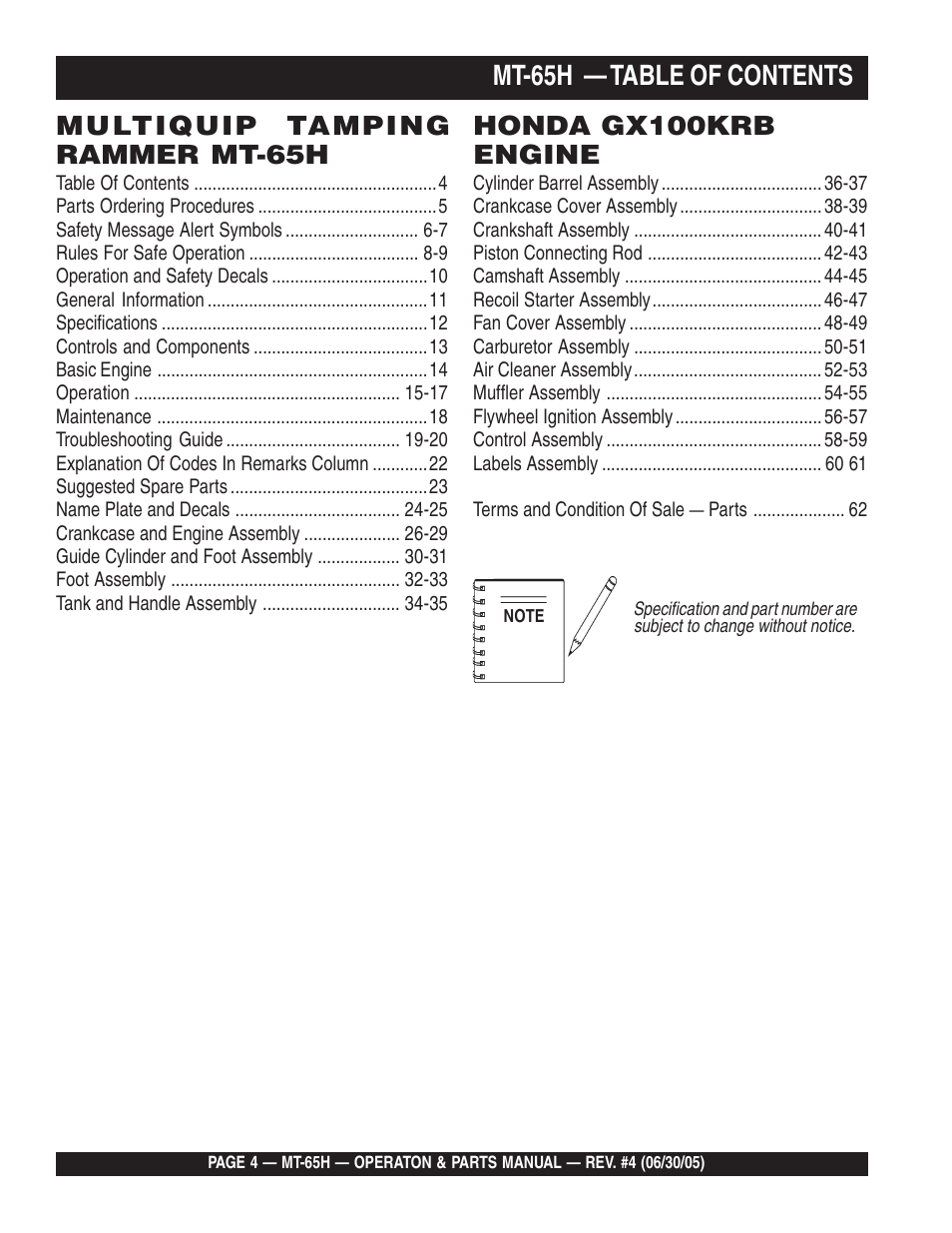 Mt-65h — table of contents, Multiquip tamping rammer mt-65h, Honda gx100krb engine | Multiquip MT65H User Manual | Page 4 / 64