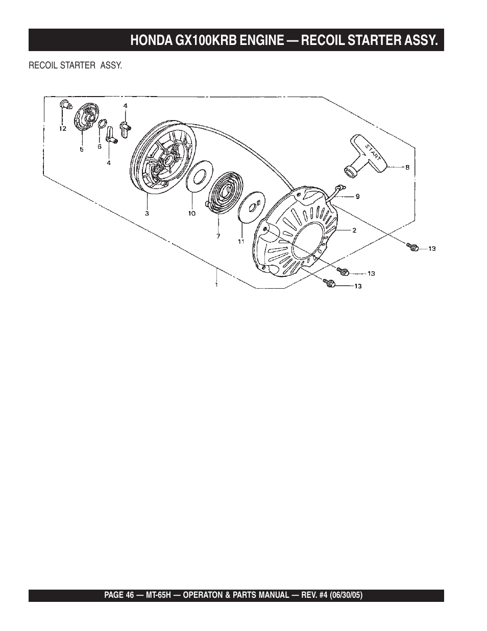 Honda gx100krb engine — recoil starter assy | Multiquip MT65H User Manual | Page 46 / 64