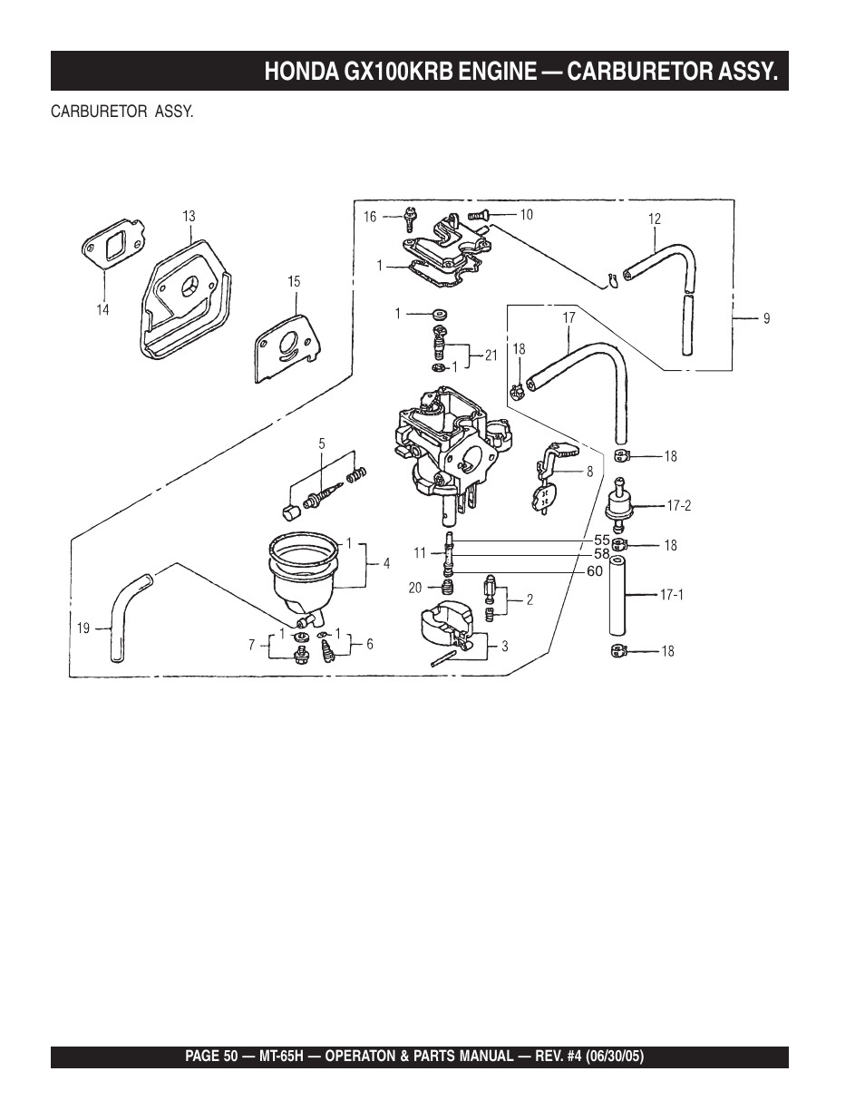 Honda gx100krb engine — carburetor assy | Multiquip MT65H User Manual | Page 50 / 64