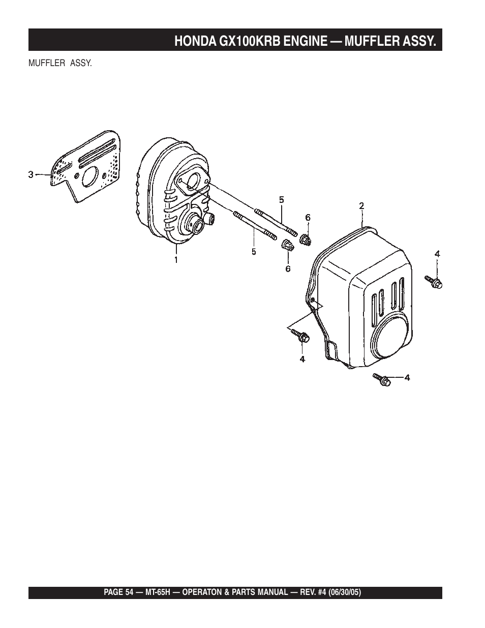 Honda gx100krb engine — muffler assy | Multiquip MT65H User Manual | Page 54 / 64