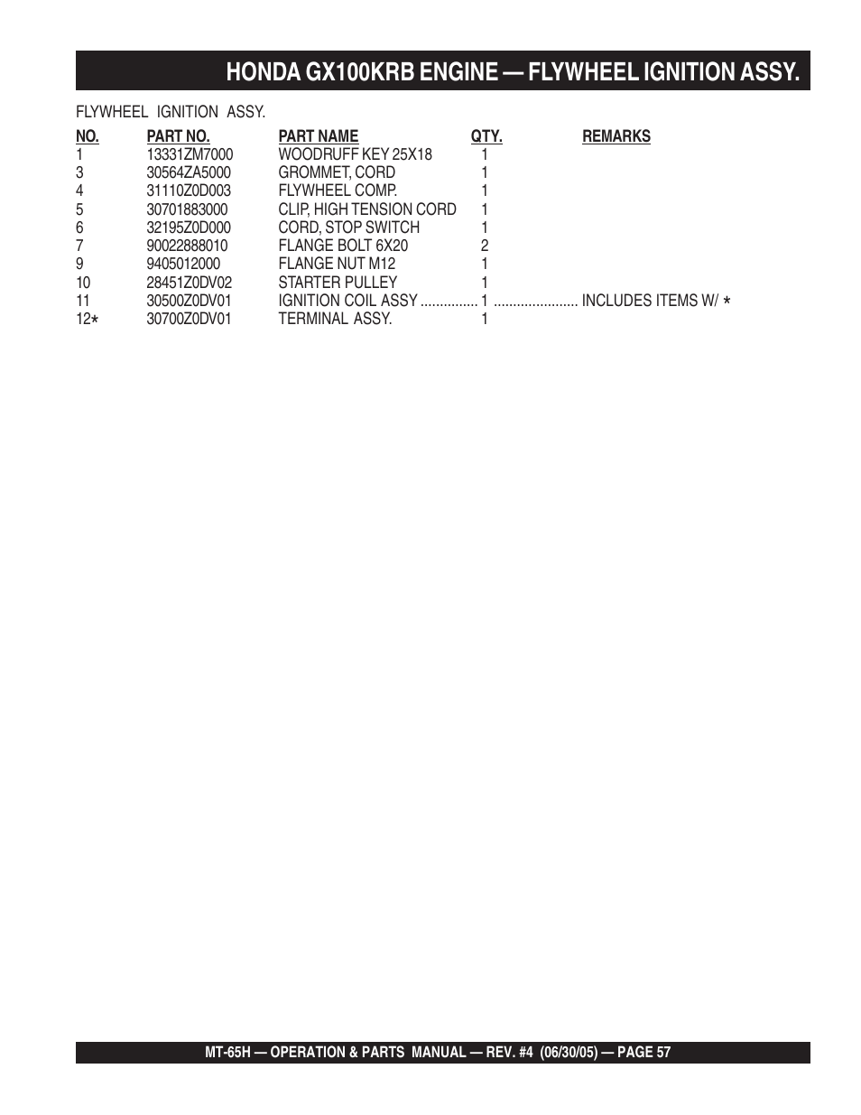 Honda gx100krb engine — flywheel ignition assy | Multiquip MT65H User Manual | Page 57 / 64