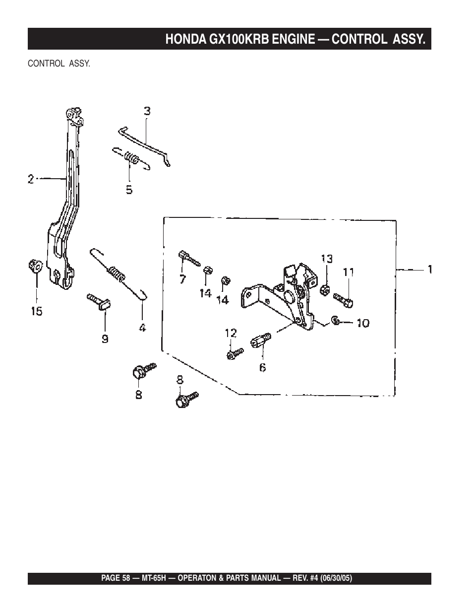 Honda gx100krb engine — control assy | Multiquip MT65H User Manual | Page 58 / 64