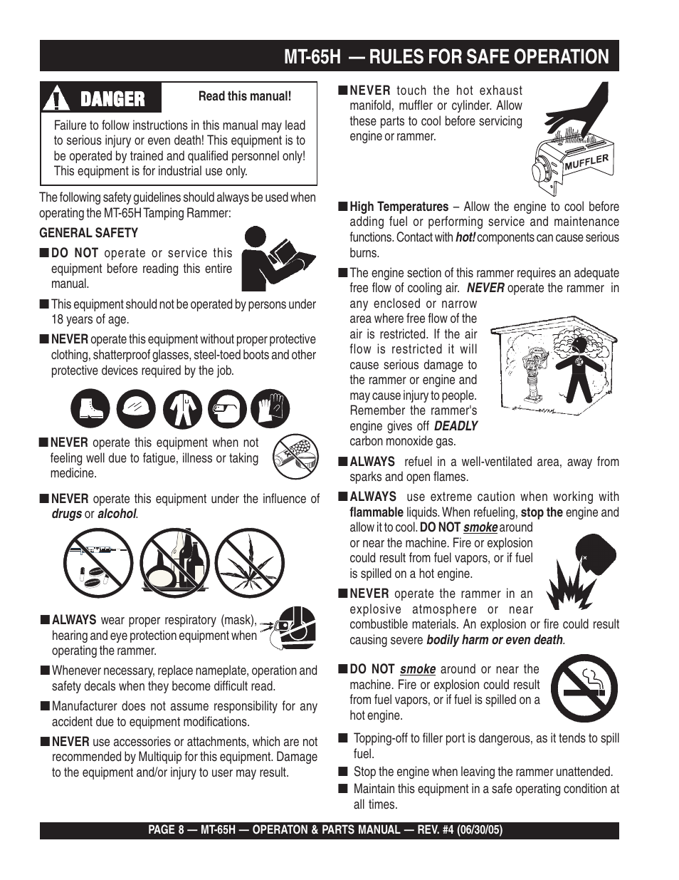 Mt-65h — rules for safe operation, Danger | Multiquip MT65H User Manual | Page 8 / 64