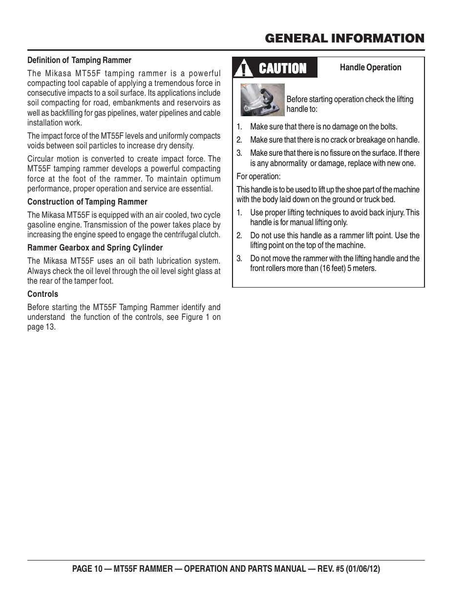 Caution, General information | Multiquip MT55F User Manual | Page 10 / 72