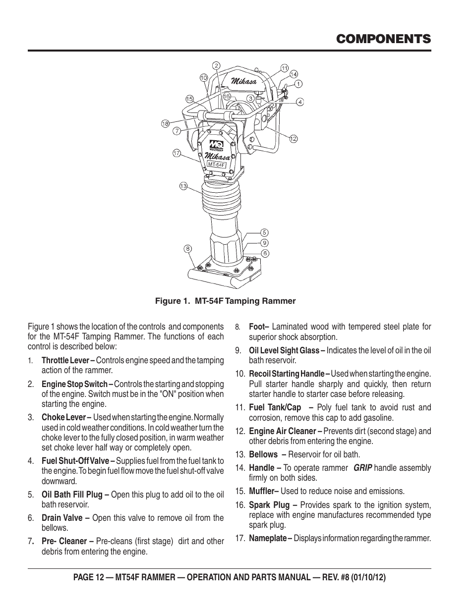 Mt-54f — controls and components, Components | Multiquip MT54F User Manual | Page 12 / 48
