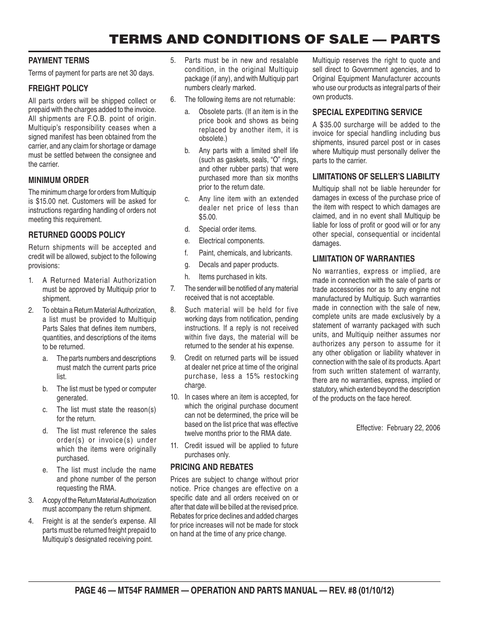 Terms and conditions of sale — parts | Multiquip MT54F User Manual | Page 46 / 48