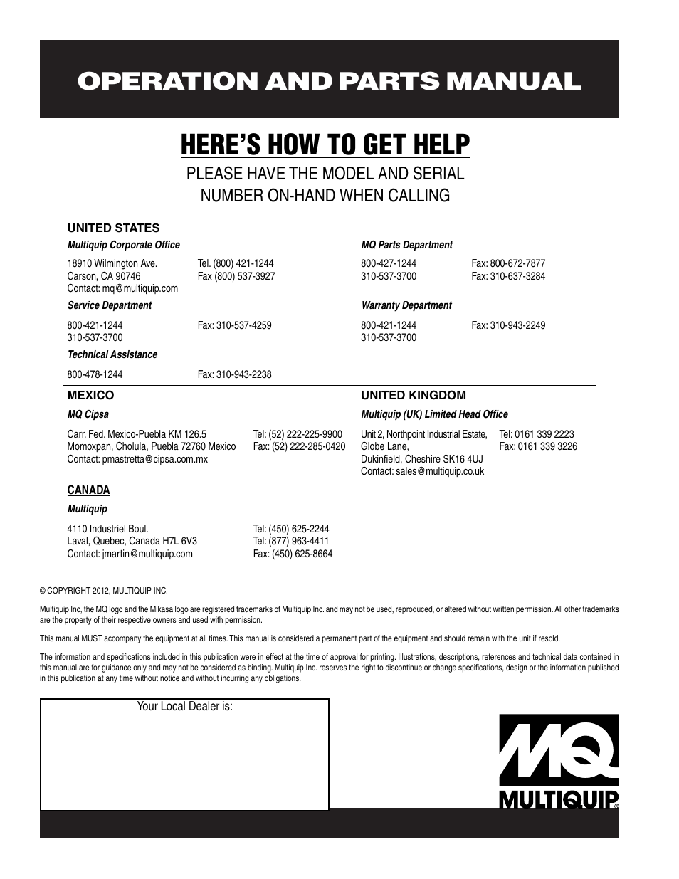 Here’s how to get help, Operation and parts manual | Multiquip MT54F User Manual | Page 48 / 48