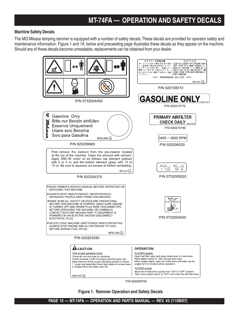 Mt-74fa — operation and safety decals | Multiquip MT74FA User Manual | Page 10 / 50