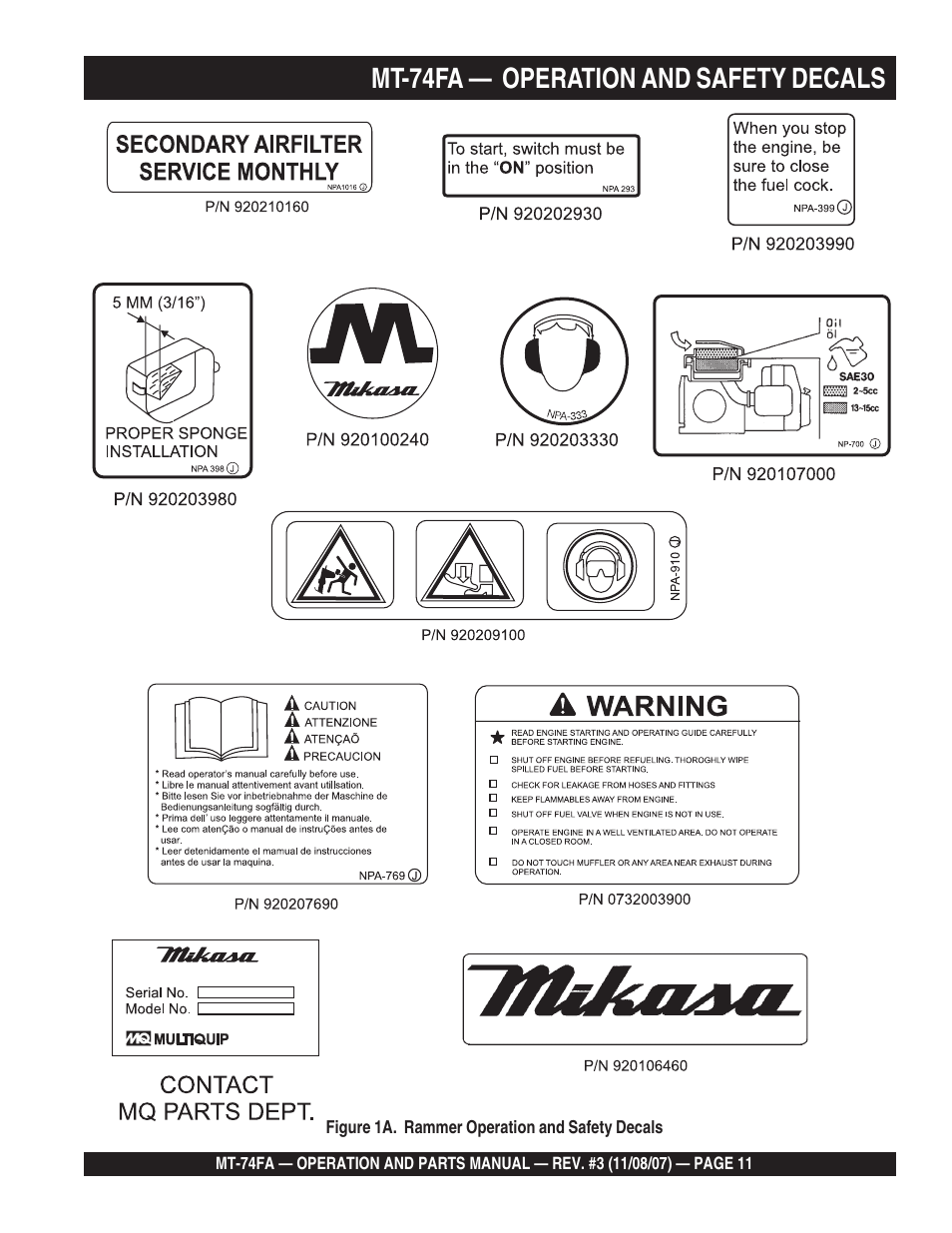 Mt-74fa — operation and safety decals | Multiquip MT74FA User Manual | Page 11 / 50