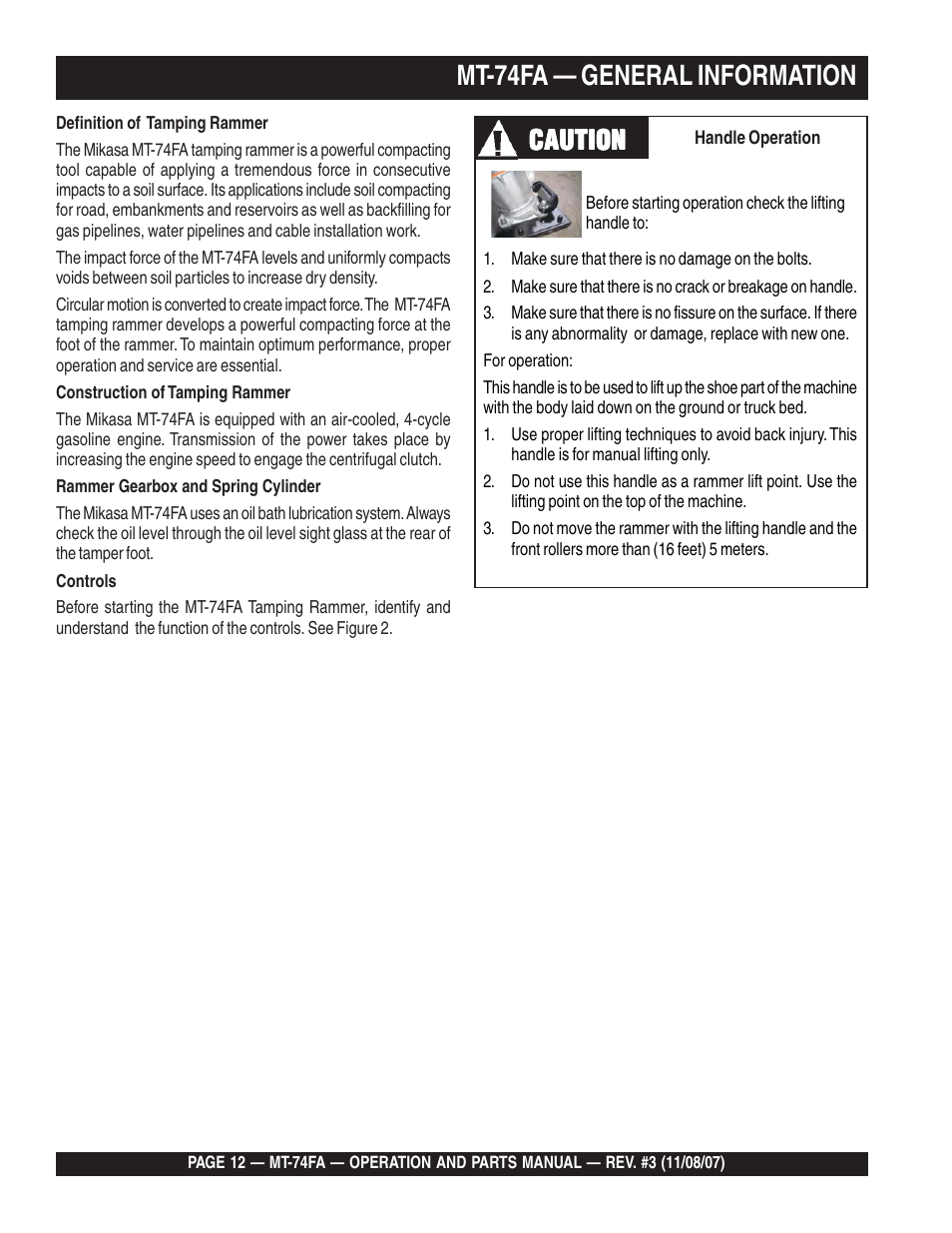 Mt-74fa — general information, Caution | Multiquip MT74FA User Manual | Page 12 / 50