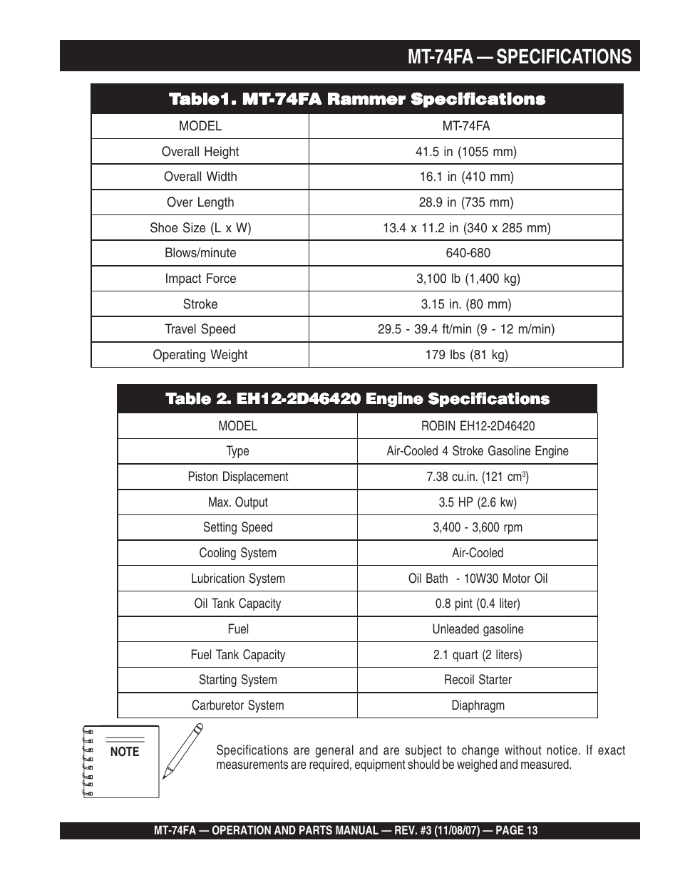 Mt-74fa — specifications | Multiquip MT74FA User Manual | Page 13 / 50