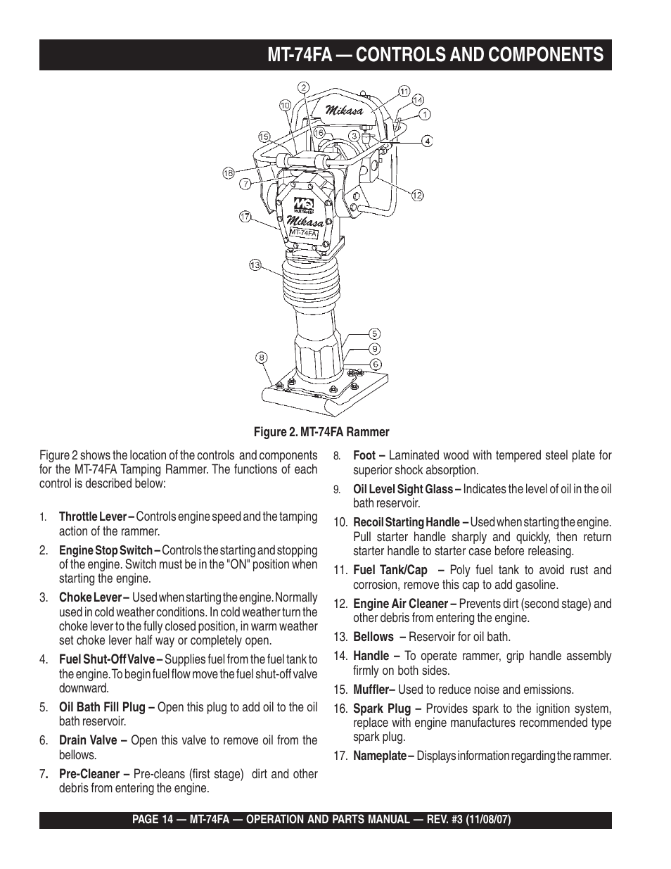 Mt-74fa — controls and components | Multiquip MT74FA User Manual | Page 14 / 50