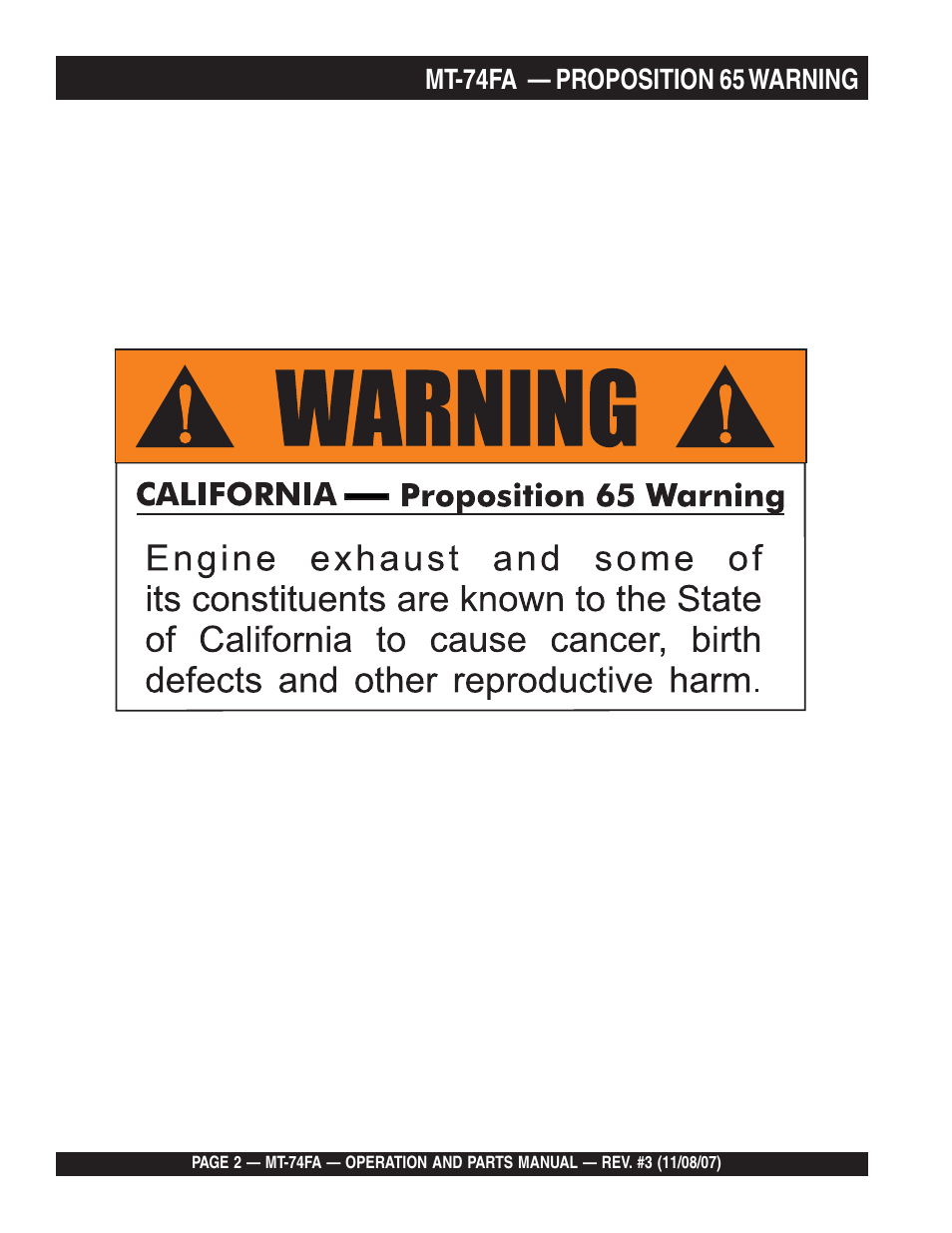 Mt-74fa — proposition 65 warning | Multiquip MT74FA User Manual | Page 2 / 50
