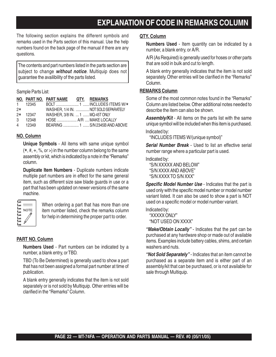Explanation of code in remarks column | Multiquip MT74FA User Manual | Page 22 / 50