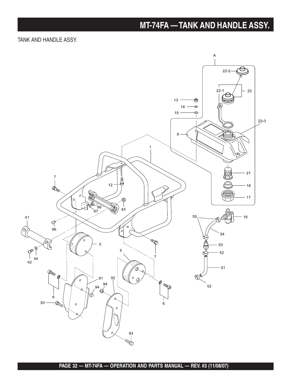 Mt-74fa — tank and handle assy | Multiquip MT74FA User Manual | Page 32 / 50