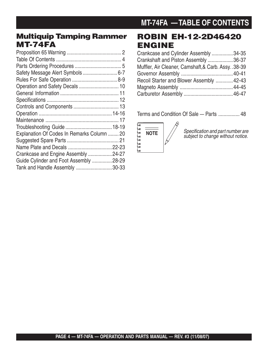 Mt-74fa — table of contents, Mt-74fa | Multiquip MT74FA User Manual | Page 4 / 50