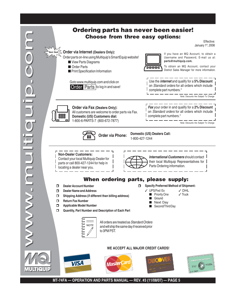 Ordering parts has never been easier, Choose from three easy options, When ordering parts, please supply | Order parts | Multiquip MT74FA User Manual | Page 5 / 50