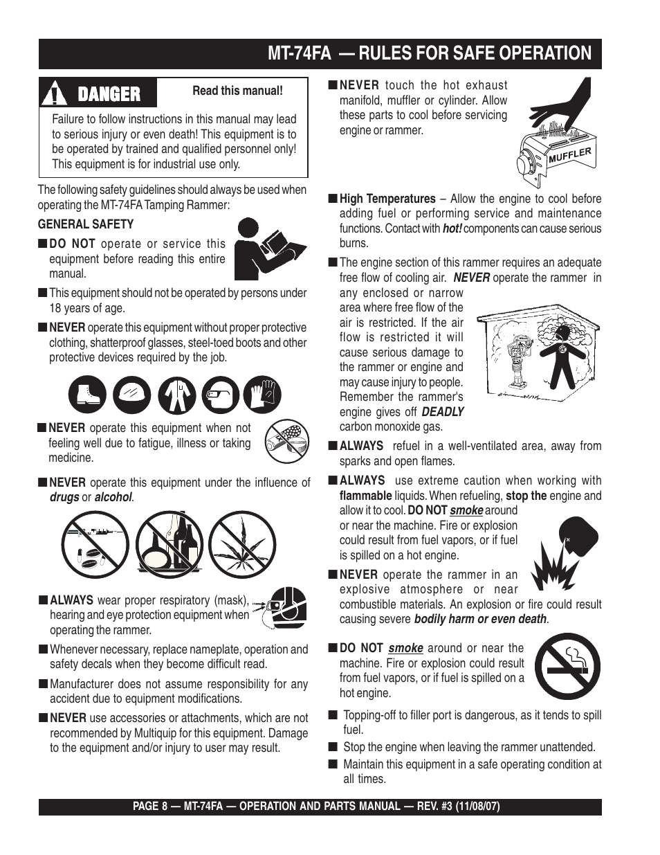 Mt-74fa — rules for safe operation, Danger | Multiquip MT74FA User Manual | Page 8 / 50