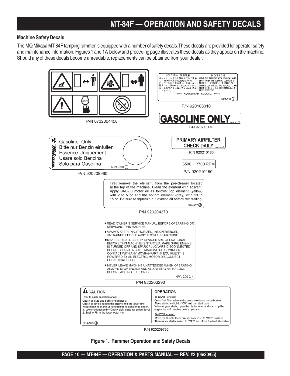 Mt-84f — operation and safety decals | Multiquip MT84F User Manual | Page 10 / 50