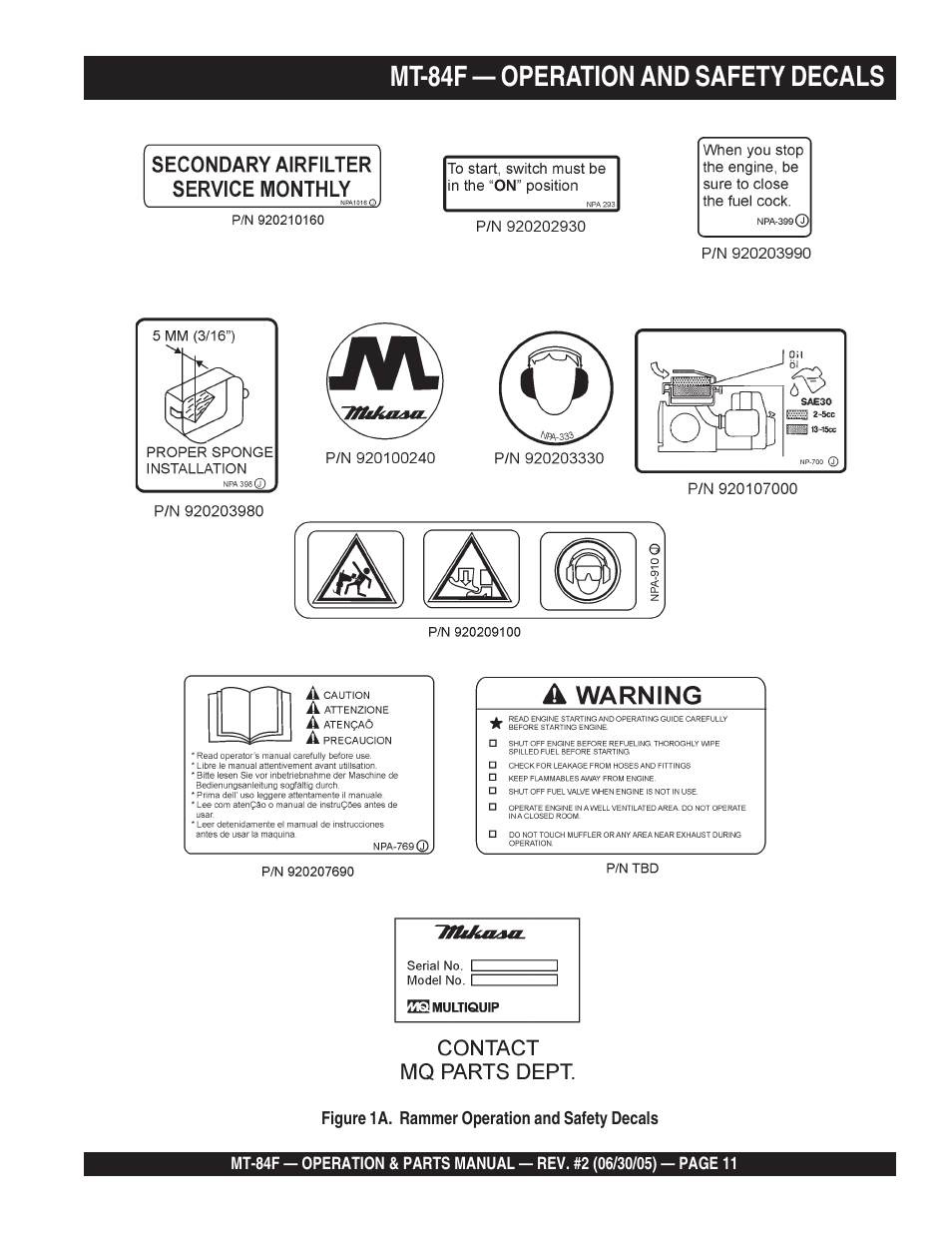 Mt-84f — operation and safety decals | Multiquip MT84F User Manual | Page 11 / 50