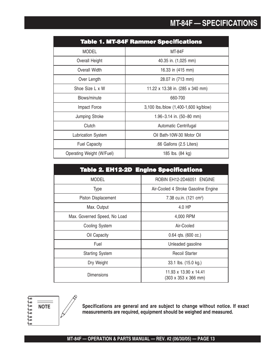 Mt-84f — specifications | Multiquip MT84F User Manual | Page 13 / 50