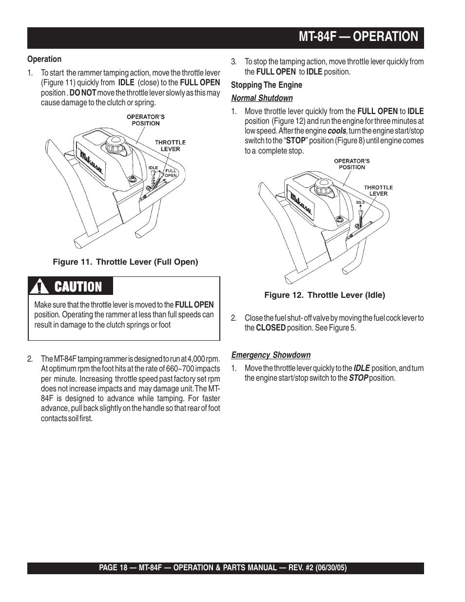 Mt-84f — operation, Cauti, Cauti caution | Multiquip MT84F User Manual | Page 18 / 50