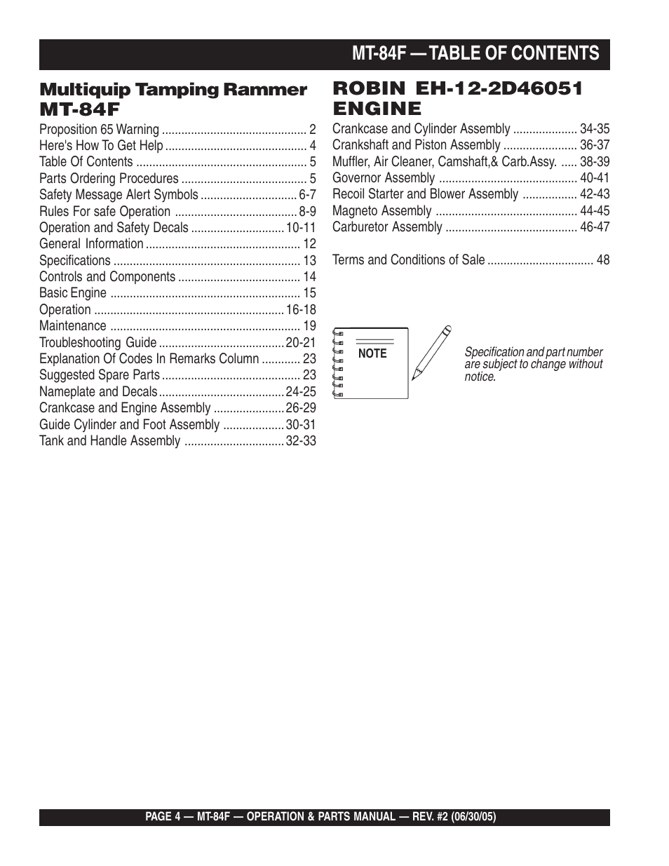 Mt-84f — table of contents, Mt-84f, Multiquip tamping rammer | Multiquip MT84F User Manual | Page 4 / 50