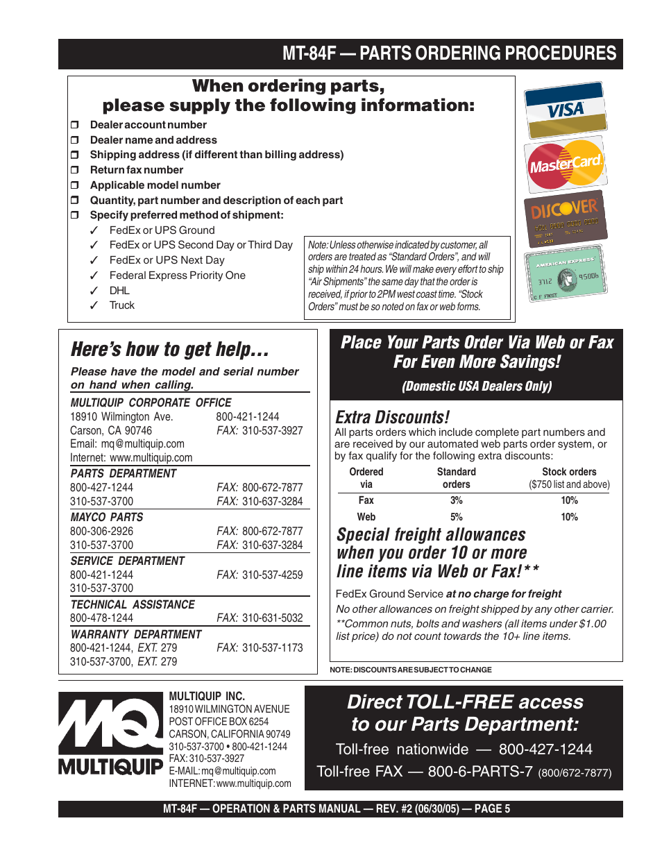 Direct toll-free access to our parts department, Here’s how to get help, Mt-84f — parts ordering procedures | Extra discounts | Multiquip MT84F User Manual | Page 5 / 50