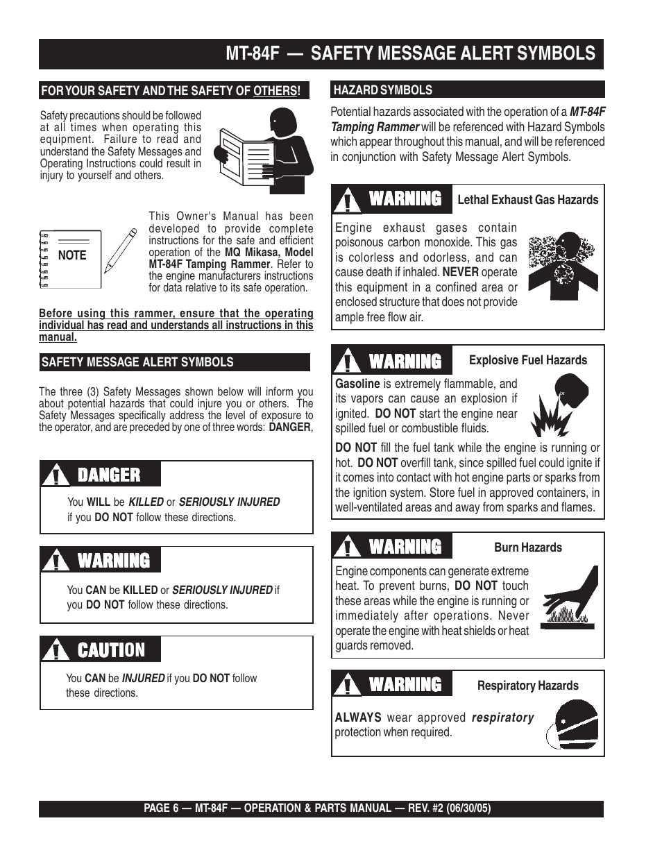 Mt-84f — safety message alert symbols, Cauti, Warning | Multiquip MT84F User Manual | Page 6 / 50