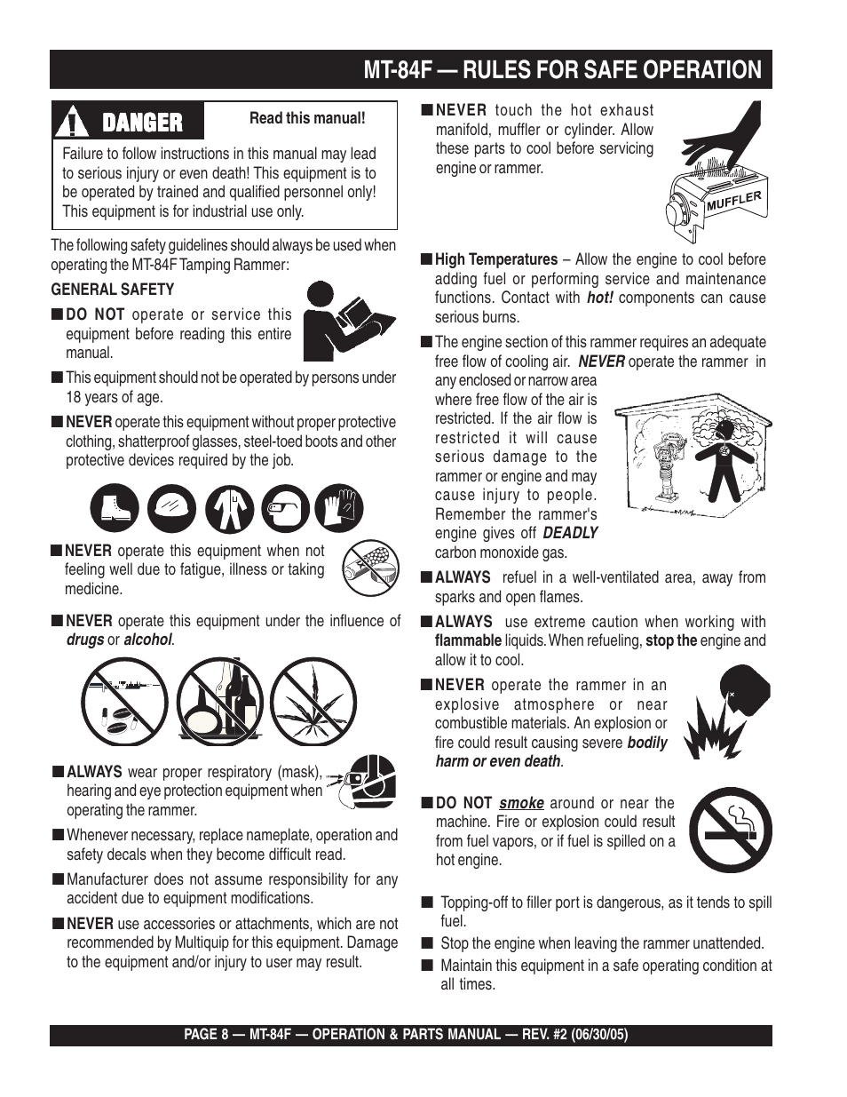 Mt-84f — rules for safe operation, Danger | Multiquip MT84F User Manual | Page 8 / 50