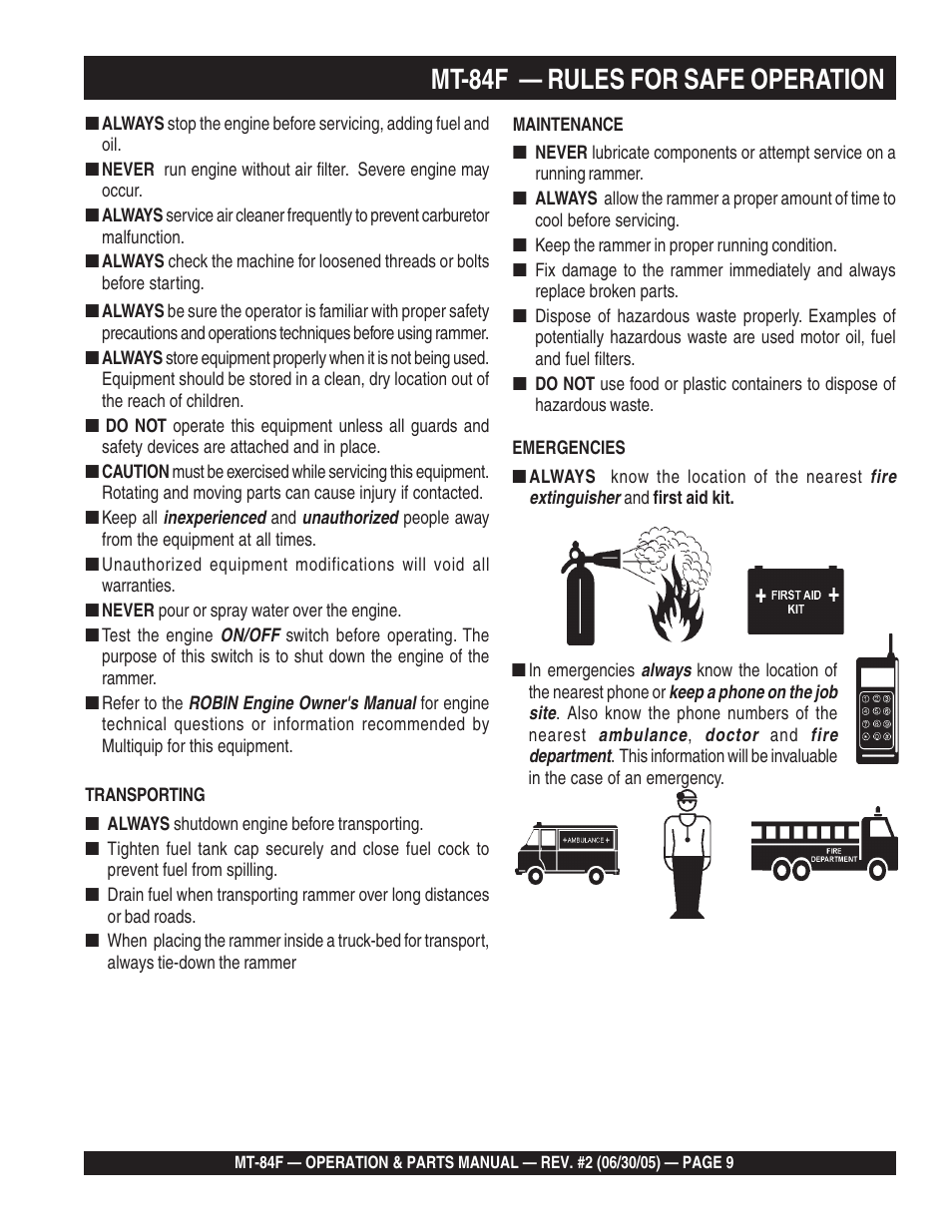 Mt-84f — rules for safe operation | Multiquip MT84F User Manual | Page 9 / 50