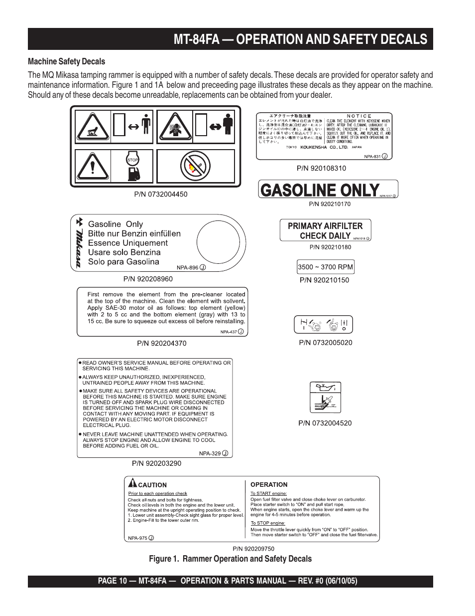Mt-84fa — operation and safety decals | Multiquip MT84FA User Manual | Page 10 / 50