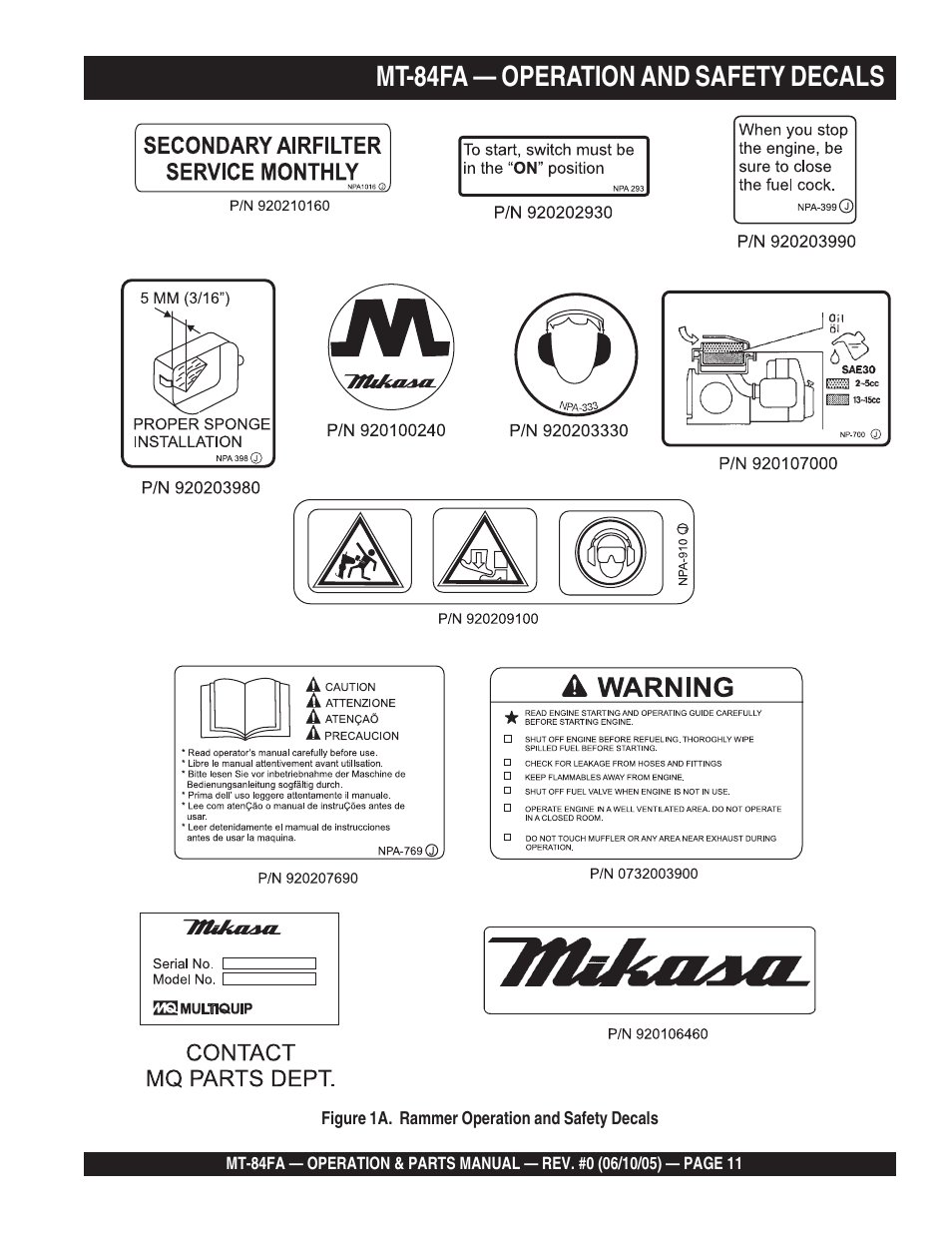 Mt-84fa — operation and safety decals | Multiquip MT84FA User Manual | Page 11 / 50